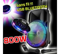 Enceinte Sono DJ PARTY KARAOKE 800W portable Batterie 2 MICROS Disco Mobile 12" LED RGB USB/MICRO SD/Bluetooth /RADIO FM + OVNI