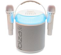 Ibiza Enceinte karaoké KARAHOME-WH lumineuse sur batterie, 2 micros sans fil, Bluetooth, USB – Blanc