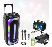 ENCEINTE SONO Karaoke 1000W Usb Bluetooth Mp3 sur Batterie - 2 Jeux de lumière - Machine à fumée avec liquide - Soirée entre amis