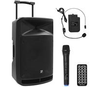 Enceinte Sono portable autonome avec 2 micros sans fil BoomTone DJ TravelSound15-VHF. Karaoke Haut-parleur 800W Tuner FM. Récepteur Bluetooth. Lecteur de carte SD, clé USB et télécommande IR.