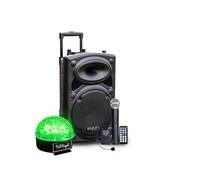 Enceinte sur batterie 800W Bluetooth USB + Micros IBIZA PORT15VHF-BT + Jeu de lumière Festinight SIXMAGIC, SONO DJ SOIREE