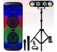 Pack - Enceinte USB Bluetooth Autonome sur batterie Mooving ELECTRO-SOUND - 2 Micros Karaoke - Pack Lumière sur Pied 4 Jeux PAR Astro