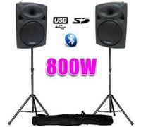 Enceintes amplifiées 10"" 25cm 800W USB/BT + pieds
