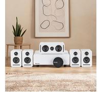 Enceintes home cinéma sans fil 5.1 Dolby Atmos WISA design compact soft white MDF et métal pour salon et appartement