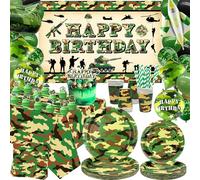 ENCETARDE Fournitures de fête d'anniversaire à motif camouflage - Décorations de fête militaire, assiettes, tasses, serviettes, nappe, toile de fond « Happy Birthday », ballons (lot de 20 toiles de