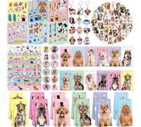 ENCETARDE Lot de 114 cadeaux de fête pour enfants, 42 autocollants pour chien, 12 sacs à friandises, 12 badges à boutons, 12 porte-clés, 12 mini blocs-notes, 12 bracelets Slap pour décoration de fête