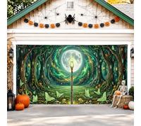 Enchanted Forest Moon Housse de porte de garage Halloween 397 x 180 cm | Forêt enchantée, drapeau de porte de garage, lune lumineuse, bâton magique, mites éthérées, atmosphère effrayante