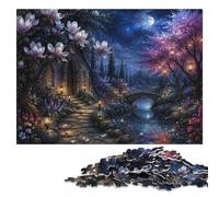 Enchanted Garden Path at Night Puzzle en Bois 500 pièces | Cadeau pour amateur de puzzle: activité autour de la table sans écran pendant une soirée calme.