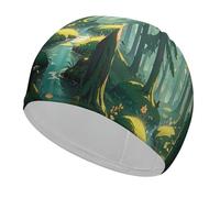 Enchanted Wilderness Fantasy on Dark Green Bonnet de bain confortable pour réduire la traînée et protéger les cheveux Durable Doux Élastique Bonnet de bain Garde la coiffure inchangée pour homme et