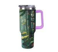 Enchanted Wilderness Fantasy on Dark Green - Tasse à café de voyage réutilisable, durable, en acier inoxydable avec poignée et paille, résistant aux fuites, portable, tasse isotherme pour homme et