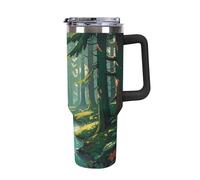 Enchanted Wilderness Fantasy on Dark Green - Tasse à café de voyage réutilisable, durable, en acier inoxydable avec poignée et paille, résistant aux fuites, portable, tasse isotherme pour homme et