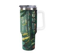 Enchanted Wilderness Fantasy on Dark Green - Tasse à café de voyage réutilisable, durable, en acier inoxydable avec poignée et paille, résistant aux fuites, portable, tasse isotherme pour homme et