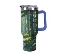 Enchanted Wilderness Fantasy on Dark Green - Tasse à café de voyage réutilisable, durable, en acier inoxydable avec poignée et paille, résistant aux fuites, portable, tasse isotherme pour homme et
