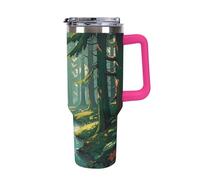 Enchanted Wilderness Fantasy on Dark Green - Tasse à café de voyage réutilisable, durable, en acier inoxydable avec poignée et paille, résistant aux fuites, portable, tasse isotherme pour homme et