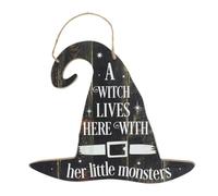 Enchanteur chapeau de sorcière - 30 cm x 35 cm (1 pièce) - « A Witch Lives Here with Her Little Monsters » - Décoration fantaisiste en MDF à suspendre - Parfait pour Halloween et charme quotidien
