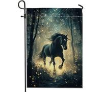 Enchanteur drapeau de jardin cheval de forêt, cheval noir de minuit avec étoiles scintillantes, bannière de décoration d'intérieur, drapeau de cour double face en toile de jute pour décoration de