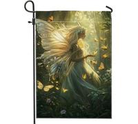 Enchanteur drapeau de jardin féérique, décoration ailée dorée scintillante pour le printemps et l'été, bannière extérieure double face en toile de jute, décoration de pelouse papillon vibrante, 30,5 x