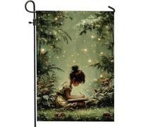 Enchanteur drapeau de jardin vert, forêt magique avec lumières éthérées et fleurs, bannière d'été d'extérieur pour pelouse et fêtes sur le thème des fées, 30,5 x 45,7 cm