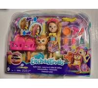 Enchantimals Savane Ensoleillée Coffret Salon de Coiffure avec Mini-poupée Lacey Lion, Figurine Animale Manesy et Accessoires, Jouet pour Enfant, GTM29