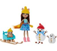 Enchantimals Bonhomme de neige déco amusant avec la poupée Sharlotte Squirrel (15,24 cm), la figurine animale Walnut, 2 figurines de bonhomme de neige et des accessoires