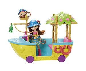 Enchantimals Coffret Bateau d'Exploratrice à roulettes, Mini-poupée Merit Singe, Figurine Animale Compass et Accessoires, Jouet Enfant, GFN58