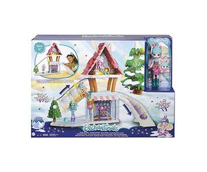 Enchantimals coffret Chalet des Neiges de Bevy Lapin, mini-poupée, figurine animale Jump, 5 espaces de jeu, jouet pour enfant, GJX50