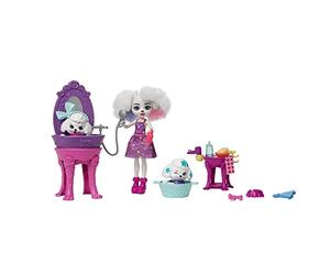 Enchantimals, Coffret Salon de Toilettage Caniche avec 1 Poupée Perris Caniche et 2 Chiots Qui changent de Couleur, Jouet Enfant, Dès 4 Ans, HHC20