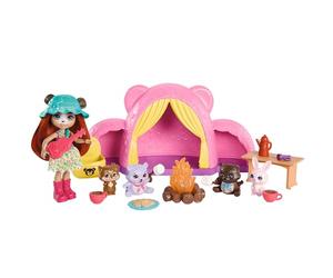 Enchantimals Coffret Tente De Camping Cuddlers avec Poupée Et 4 Figurines D’Animaux, Sac De Couchage, Feu De Camp, Et Autres Accessoires Inclus, Jouet Enfant, A Partir De 4 Ans, HTW71