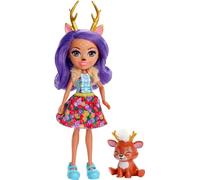 Enchantimals FXM75 Mini-poupée Danessa Biche et Figurine Animale Sprint aux Longs Cheveux Violets bouclés, Jupe Amovible et Faux col, Jouet pour Enfant, Multicolore