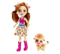 Enchantimals Mini-poupée Cailey Vache et Figurine Animale Curdle, aux Longs Cheveux Bruns, avec Jupe Amovible et Bottes, Jouet pour Enfant, FXM77