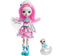 Enchantimals Mini-poupée Saffi Cygne et Figurine Animale Poise, aux cheveux roses avec jupe à motifs en tissu, jouet enfant, FRH38