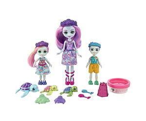 Enchantimals Royaume de l'océan Coffret Famille de Tinsley Tortue, avec 3 Mini-poupées, 3 Mini-Figurines et Accessoires, Jouet pour Enfant, HCF95