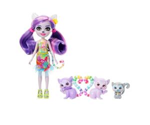 Enchantimals Sunshine Beach Famille Lorinda Lémur Coffret avec petite poupée Lorinda Lémur, ami Ringer et 2 figurines d’animaux de la même fratrie formant un cœur, HRX86