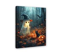 Enchanting Halloween Impression sur toile murale - Trio de fantômes hantés Peinture, citrouille et mystérieux chat noir - Parfait pour la décoration festive de la maison (art-1,80 x 120 cm sans cadre)