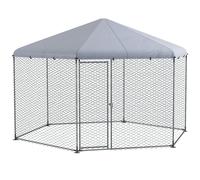 PawHut Enclos poulailler chenil volière Hexagonal extérieur 10 m² - Parc grillagé 400 x 346 x 263 cm - Espace Couvert - Acier galvanisé - 10-15 Poules, argenté