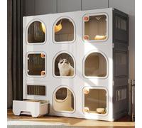 Enclos pour chat en résine avec bac à litière, maison d'intérieur à plusieurs niveaux avec fenêtre transparente et verrous à bouton sécurisé pour une vie sûre et confortable