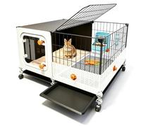 Enclos pour Lapin Confortable avec Pare-éclaboussures 13 cm Et Bac Amovible | Structure Robuste En Résine PP Et Fer, Trappe Supérieure Pour Caresses, 4 Roulettes Mobiles Pour Déplacement(70x46x46cm)