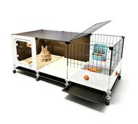 Enclos pour Lapin Confortable avec Pare-éclaboussures 13 cm Et Bac Amovible | Structure Robuste En Résine PP Et Fer, Trappe Supérieure Pour Caresses, 4 Roulettes Mobiles Pour Déplacement(105x36x46cm)