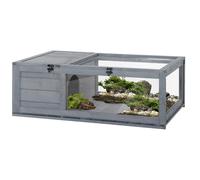PawHut Maison enclos Cage Habitat pour Petit Animal Tortues avec 2 espaces 91 x 60,5 x 32 cm Bois Massif Gris