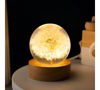 ENCOMAG Lampe boule de cristal en forme de pissenlit, veilleuse en forme de boule de cristal avec base en bois, lampe à fleurs éternelles pour chambre, veilleuse en forme de pissenlit, cadeau pour