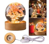 ENCOMAG Lampe boule de cristal marguerite avec base en bois, lampe à fleurs éternelles pour chambre, veilleuse marguerite, cadeaux pour maman, Noël, anniversaire, garçons et filles