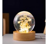 ENCOMAG Lampe boule de cristal marguerite avec base en bois, lampe à fleurs éternelles pour chambre, veilleuse marguerite, cadeaux pour maman, Noël, anniversaire, garçons et filles