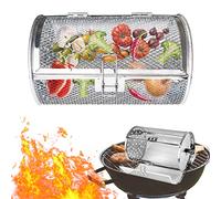 ENCOMAG Panier à barbecue rond en acier inoxydable pour mini-four, barbecue à rôtir, panier pour tournebroche, pour extérieur, camping, pique-nique, 14 x 14 x 25 cm