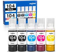 Encre 104 Cartouche d'Encre compatible avec Epson EcoTank ET-2862 ET-4800 ET-2820 ET-2830 ET-2840 ET-2821 ET-1810 ET-2720,104 Encre Multipack (5 flacons de 70ml,2Noir,Cyan,Magenta,Jaune)