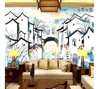 Encre Abstraite Bâtiment De Ville Bateau Oiseaux Papier Peint 3D Installation Facile Intissé Tapisserie Bureau Salon Canapé Chambre Décoration Murale-200cm×140cm
