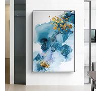 Encre Bleue Et Flocons D'or Impressions Sur Toile Peinture Moderne Mur Art Abstrait Photos pour Salon Décor À La Maison 70x105cm (28x41in) Avec Cadre