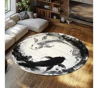 Encre Chinoise Koi Fish Lavable Cercle Tapis Noir et Blanc Animaux Pliable Rond Tapis pour La Maison Vie Bureau Étude Décor 152cm（Rond）