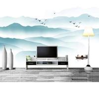 Encre De Chine Bleu Paysage Oiseaux En Vol Petit Bateau Papier Peint 3D Installation Facile Intissé Tapisserie Bureau Salon Canapé Chambre Décoration Murale-150cm×105cm
