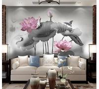 Encre De Chine Feuilles De Lotus Lotus Rose Oiseaux En Vol Papier Peint 3D Installation Facile Intissé Tapisserie Bureau Salon Canapé Chambre Décoration Murale-150cm×105cm