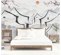 Encre De Chine Fleurs Oiseaux Montagnes Architecture Papier Peint 3D Installation Facile Intissé Tapisserie Bureau Salon Canapé Chambre Décoration Murale-200cm×140cm